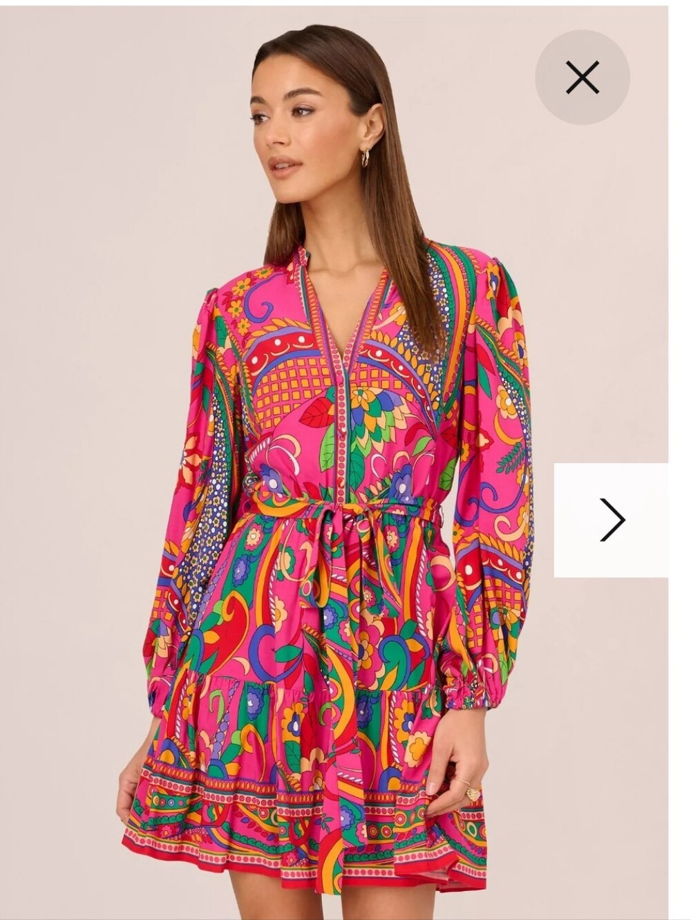Adrianna Papell Pink Multicolor Printed Long-Sleeve Mini Dress - Picture 4 of 11